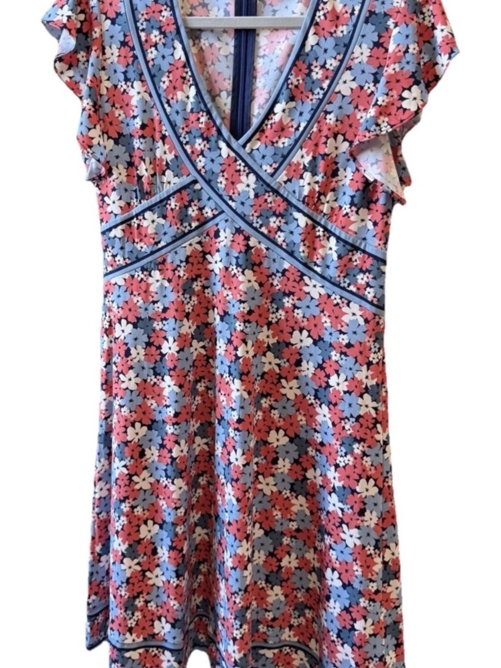 Michael Kors A-Line Dress in Coral & Blue Flutter Sleeved Sz M